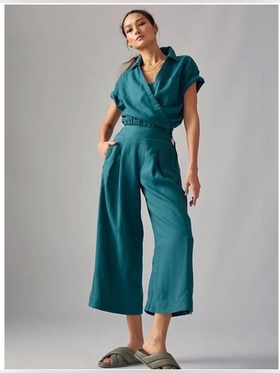 Athleta Pants - Athleta Playa Linen Wide Leg Crop Pants Womens 10 Teal Pleated High Rise 798591